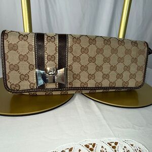 Vintage Gucci GG‎ Monogram Canvas Bow Clutch Bag Brown Tan Y2K 90s Logo Designer